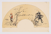 Fan leaf depicting little boy weeping because another has his girl, Anonymous, French, 20th century  French, Lithograph printed in black, red, and white