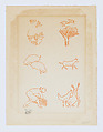 Vignettes of bees, a bird’s nest, two pigs, a dog, a rooster and a goose, and a woman gathering twigs, Aristide Maillol French, Woodcut printed in red ink
