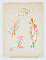 Three vignettes: fruit, two baskets of berries, basket of fruit and flowers, Aristide Maillol French, Woodcut printed in red ink