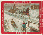 A Horse-Drawn Sleigh and a Figure Sledding in a Snowy Landscape, from the Jigsaw Puzzle Pictures series (T76) issued by Turkish Trophies Cigarettes, Turkish Trophies Cigarettes  American, Commercial color lithograph