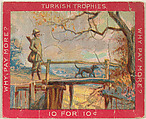 A Man Dressing in Hunting Attire Walking Over a Footbridge with his Dog, from the Jigsaw Puzzle Pictures series (T76) issued by Turkish Trophies Cigarettes, Turkish Trophies Cigarettes American, Commercial color lithograph