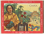China, from the Jigsaw Puzzle Pictures series (T76) issued by Turkish Trophies Cigarettes, Turkish Trophies Cigarettes American, Commercial color lithograph