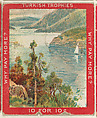 A Body of Water with Trees in the Left Foreground and a Sailboat at Right, from the Jigsaw Puzzle Pictures series (T76) issued by Turkish Trophies Cigarettes, Turkish Trophies Cigarettes  American, Commercial color lithograph
