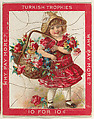 A Young Girl in a Red Dress Holding a Basket of Flowers, from the Jigsaw Puzzle Pictures series (T76) issued by Turkish Trophies Cigarettes, Turkish Trophies Cigarettes  American, Commercial color lithograph
