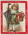 A Young Girl in a Green Dress Holding a Basket of Flowers and an Umbrella, from the Jigsaw Puzzle Pictures series (T76) issued by Turkish Trophies Cigarettes, Turkish Trophies Cigarettes  American, Commercial color lithograph