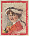 A Brunette Woman Wearing a Red Dress and White Headdress and Holding a Rose, from the Jigsaw Puzzle Pictures series (T76) issued by Turkish Trophies Cigarettes, Turkish Trophies Cigarettes  American, Commercial color lithograph