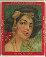 A Woman with Black Hair Wearing an Ornate Gold Headdress, from the Jigsaw Puzzle Pictures series (T76) issued by Turkish Trophies Cigarettes, Turkish Trophies Cigarettes  American, Commercial color lithograph