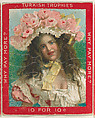 A Brunette Woman Dressed in White, Wearing a Hat Covered in Pink Flowers, from the Jigsaw Puzzle Pictures series (T76) issued by Turkish Trophies Cigarettes, Turkish Trophies Cigarettes  American, Commercial color lithograph