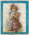A Young Girl in a Blue Dress Holding a Purple Sack and Flowers, from the Jigsaw Puzzle Pictures series (T76) issued by Turkish Trophies Cigarettes, Turkish Trophies Cigarettes  American, Commercial color lithograph