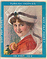 A Brunette Woman Wearing a Red Dress and White Headdress and Holding a Rose, from the Jigsaw Puzzle Pictures series (T76) issued by Turkish Trophies Cigarettes, Turkish Trophies Cigarettes American, Commercial color lithograph