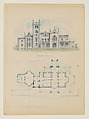 Floorplan and Elevation of the West Front of Lyndhurst, also known as Knoll (Tarrytown), Alexander Jackson Davis  American, Pen and blue ink, graphite and watercolor