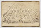 Bird's-Eye View of Part of the Gardens at Ludwigsburg, created for Duke Eberhard Ludwig von Württemburg, Anonymous, German, 18th century  German, Graphite, pen and ink, watercolor