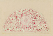 Design for an Overdoor with Two Putti on either side of a Rosette, Jean-Baptiste Louis Plantar  French, Graphite, pen and ink, watercolor