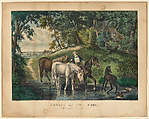 Horses at the Ford, Currier & Ives American, Hand-colored lithograph