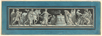 Antique Scene, Sacrifice with Bacchantes, Ancient Sculpture, Louise Pithoud  French, Aquatint, etching, and crayon manner engraving with blue printed border