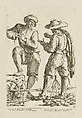 Vendor of Anisette and a Vendor of Matches Playing Morra, from Di Bologna l'Arti per via D'An.ibal' Ca.rac, plate 38, Giuseppe Maria Mitelli  Italian, Etching; first state of three (Bertarelli)