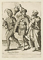 An Old Mummer Addressing a Couple Wearing Costumes, plate 10 from "The Masquerades", Jacques de Gheyn II  Netherlandish, Engraving; first state of three