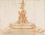 Copy after Giambologna's Neptune Fountain in Piazza San Petronio, Bologna, Anonymous, Italian, 16th to early 17th century  Italian, Pen and brown ink, brush and brown and red wash, on black chalk, ruling, on twelve sheets of paper