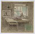 Self-portrait in Saint-Lazare Prison, Hubert Robert (French, Paris 1733–1808 Paris), Pen and black ink, gray wash, and watercolor