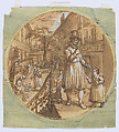 Allegorical scene with beggars and blacksmiths (recto); Sketch of rooftop (verso), David Vinckboons (Netherlandish, Mechelen 1576–1629 Amsterdam), Pen and brown ink, brush and brown ink, brown wash, heightened with white, on antique laid paper partially prepared with green watercolor, double framing lines in brown ink and gold leaf (recto); black chalk (verso)
