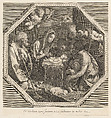 The adoration of the shepherds who kneel together at right before the infant Christ, the Virgin and Saint Joseph at left, two angels above, in an octagonal frame, after Reni, Francois de Poilly (French, Abbeville 1623–1693 Paris), Engraving