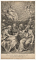 The doctors of the church consulting books and documents and contemplating the Virgin who is shown above in heaven, flanked by angels, after Reni, Johann Jakob Frey the Elder (Swiss, active in Rome 1681–1752), Engraving
