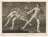 Atalanta at left picking up the golden apple dropped by Hippomenes at right, after Reni, Giuseppe Benaglia Italian, Engraving