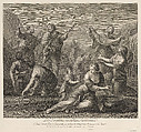 The Israelites holding out their cloaks to collect the manna raining from heaven, Moses standing in the background, Jean Raymond French, Engraving