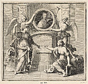 A bust portrait of Cardinal Jules Mazarin, flanked by two angels and two allegorical figures, the angel at right standing atop a man with snakes in his hair, Francois de Poilly French, Engraving