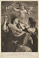 The Harmony between History and Poetry, a putto with instruments overhead, John Dean British, Mezzotint