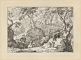 Mountain landscape with men on horseback and a seated man with a dog, Marco Ricci  Italian, Etching