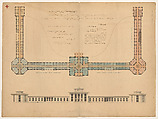 Plan and elevation for Blackwell's Island, Pauper's Lunatic Asylum, New York, Alexander Jackson Davis  American, Watercolor, pen and ink, and graphite