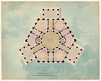 Hexagonal plan for Brooklyn City Hall (unexecuted), Alexander Jackson Davis  American, Watercolor, pen and ink, and graphite