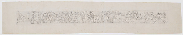 Study for the Bacchus frieze originally in the dining room of the palace of Duke Maximilian of Bavaria in Munich; verso: Study of a standing nude male figure with a helmet, Ludwig Michael Schwanthaler German, Pen and gray-black ink over graphite on two sheets of laid paper, joined
