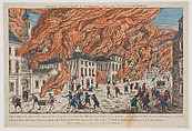 Schröckenvolle Feurersbrunst welche zu Neu Yorck von denen Americanern in der Nache von 19. Herbst Monath 1776 angeleget–Representation du Feu terrible a Nouvelle Yorck, que les Americains allume pendant la Nuit du 19. Septembre 1776 (Representation of the terrible fire at New York, that the Americans lit during the night of September 19, 1776), Franz Xavier Habermann German, Hand-colored etching and engraving