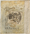 Two shillings and six pence revenue stamp, Anonymous, British, 18th century, Embossed stamp on blue-gray paper with metal staple on vellum (recto); engraved cypher (verso)