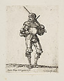 Soldier standing wearing armor, a sword resting on his shoulder, front view, from the series 'Capricci e habiti militari', Filippo Liagno  Italian, Etching