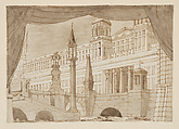 Design for a Stage Set with a Palace and Bridge, Carlo Galli Bibiena Italian, Pen and ink with wash over graphite