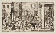 Man making armor, pot maker, vendors, etc., plate from "Virtù ed Arti Esercitate in Bologna" (Trades of Bologna), Francesco Curti  Italian, Etching