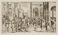 Plate 13: various vendors of pots, brooms, chestnuts, etc., from "Virtù ed Arti Esercitate in Bologna" (Trades of Bologna), Francesco Curti  Italian, Etching