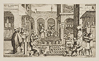 Plate 16: crockery vendors, fish mongers, etc., from "Virtù ed Arti Esercitate in Bologna" (Trades of Bologna), Francesco Curti  Italian, Etching