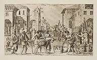 Plate 5: various market vendors, from "Virtù ed Arti Esercitate in Bologna" (Trades of Bologna), Francesco Curti  Italian, Etching