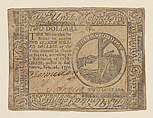 United Colonies Continental Currency – Two Dollars, Hall and Sellers, Philadelphia, Pennsylvania American, Etching and engraving, and nature printing