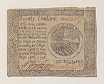 United States Continental Currency – Twenty Dollars, Hall and Sellers, Philadelphia, Pennsylvania American, Engraving, letterpress, and nature printing