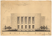 A Municipal Music Hall, plan, elevation, and section, George A. Downs  American, Graphite, pen and black ink, gray and brown wash