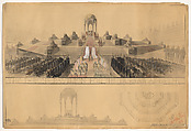 The Throne Pavilion for the Durbar at Delhi, plan, elevation, and section, Henry Anthony Jandl  American, Graphite, pen and black ink, and wash
