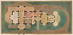 Lyndhurst for George Merritt, Tarrytown, New York (first floor plan), Alexander Jackson Davis  American, Watercolor, pen and ink, and graphite