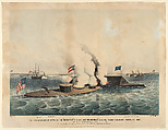 Terrific Engagement between the "Monitor" 2 guns, and "Merrimac" 10 guns, in Hampton Roads, March 9th, 1862 – The First Fight Between Ironclad Ships of War, Frances Flora Bond Palmer  American, born England, Hand-colored lithograph