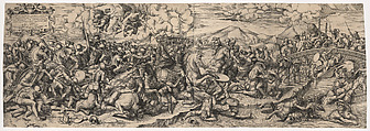 The Battle of Constantine at the Milvian Bridge, after Raphael, Giovanni Battista Cavalieri  Italian, Engraving on two joined sheets
