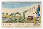 The American Rattlesnake Presenting Monsieur his Ally a Dish of Frogs, Anonymous, British, 18th century  British, Etching with watercolor